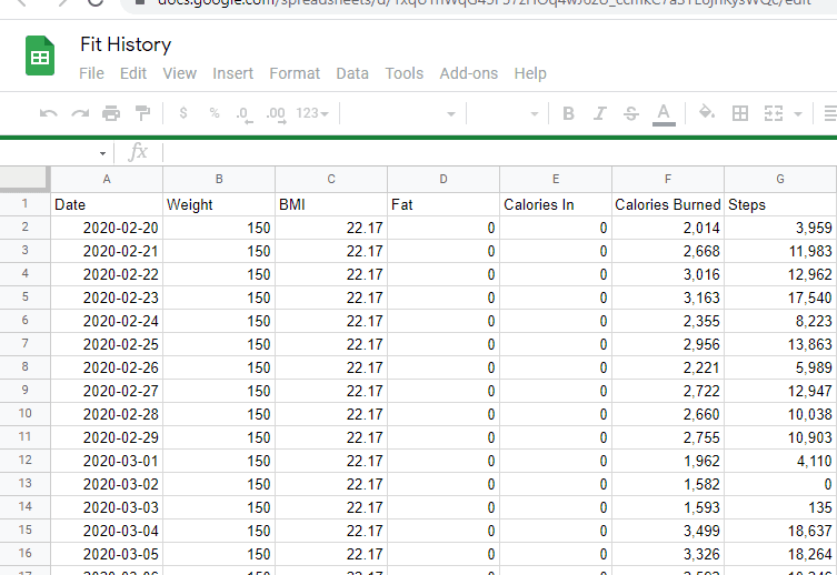 Fit History Google Sheet